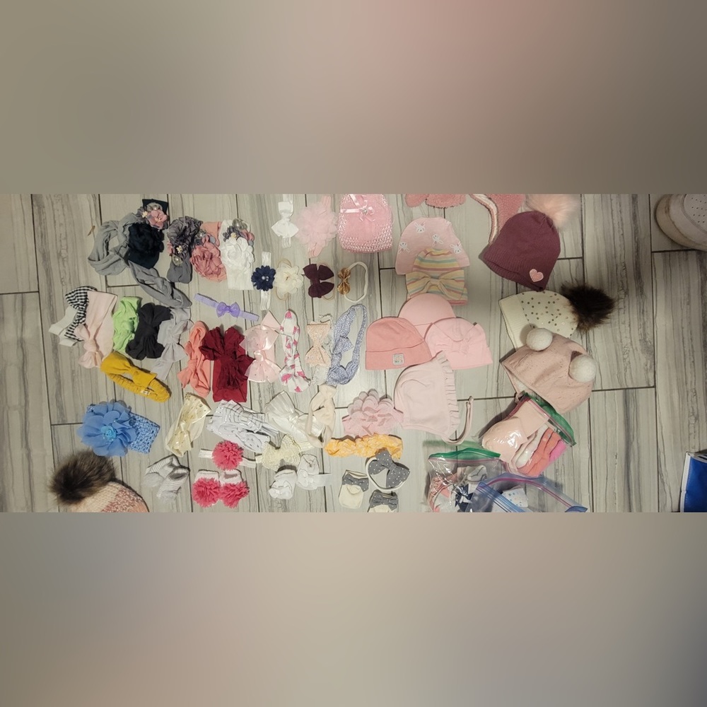 Bundle of Baby Girl headbands, Hats, and Socks